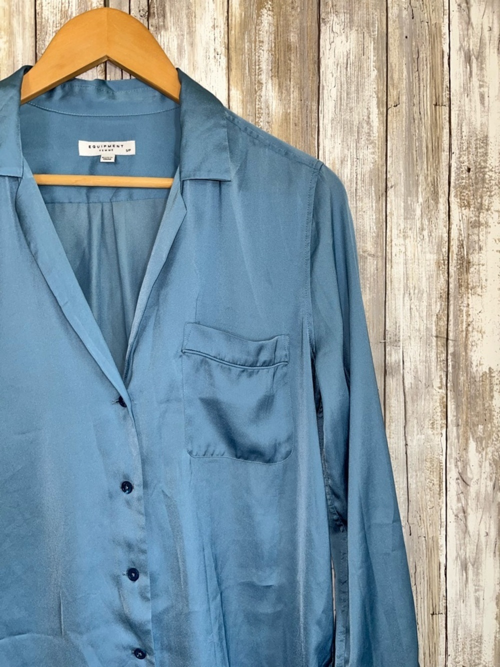 Equipment Femme Silk-Look Blue Button Front Blouse Women’s S Long Sleeve Pocket - Picture 3 of 5